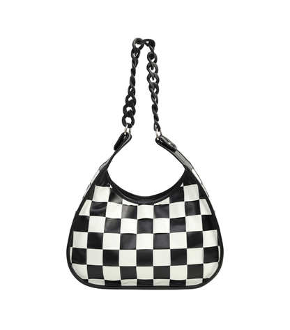 Black and white checkered handbag with a chain strap fAUXlEATHER