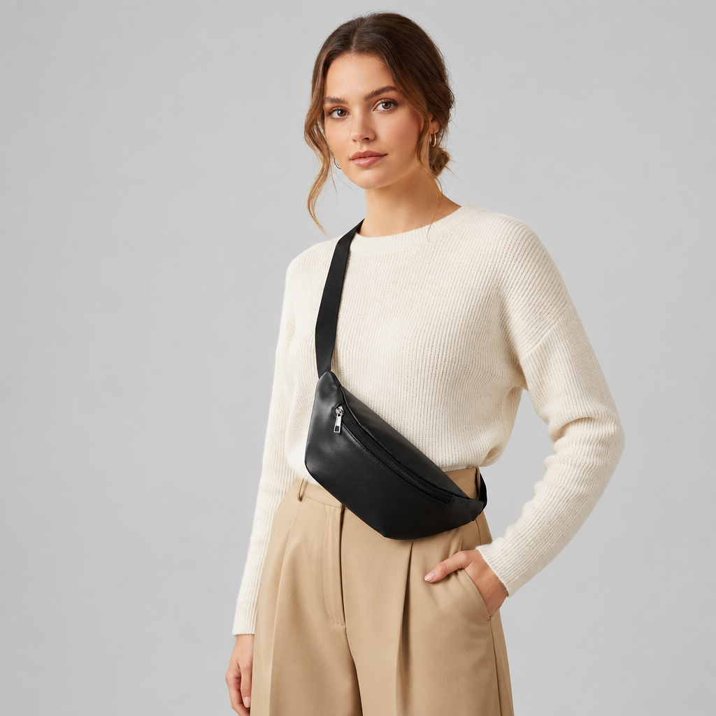 Woman wearing a black faux leather waist bag across her body.