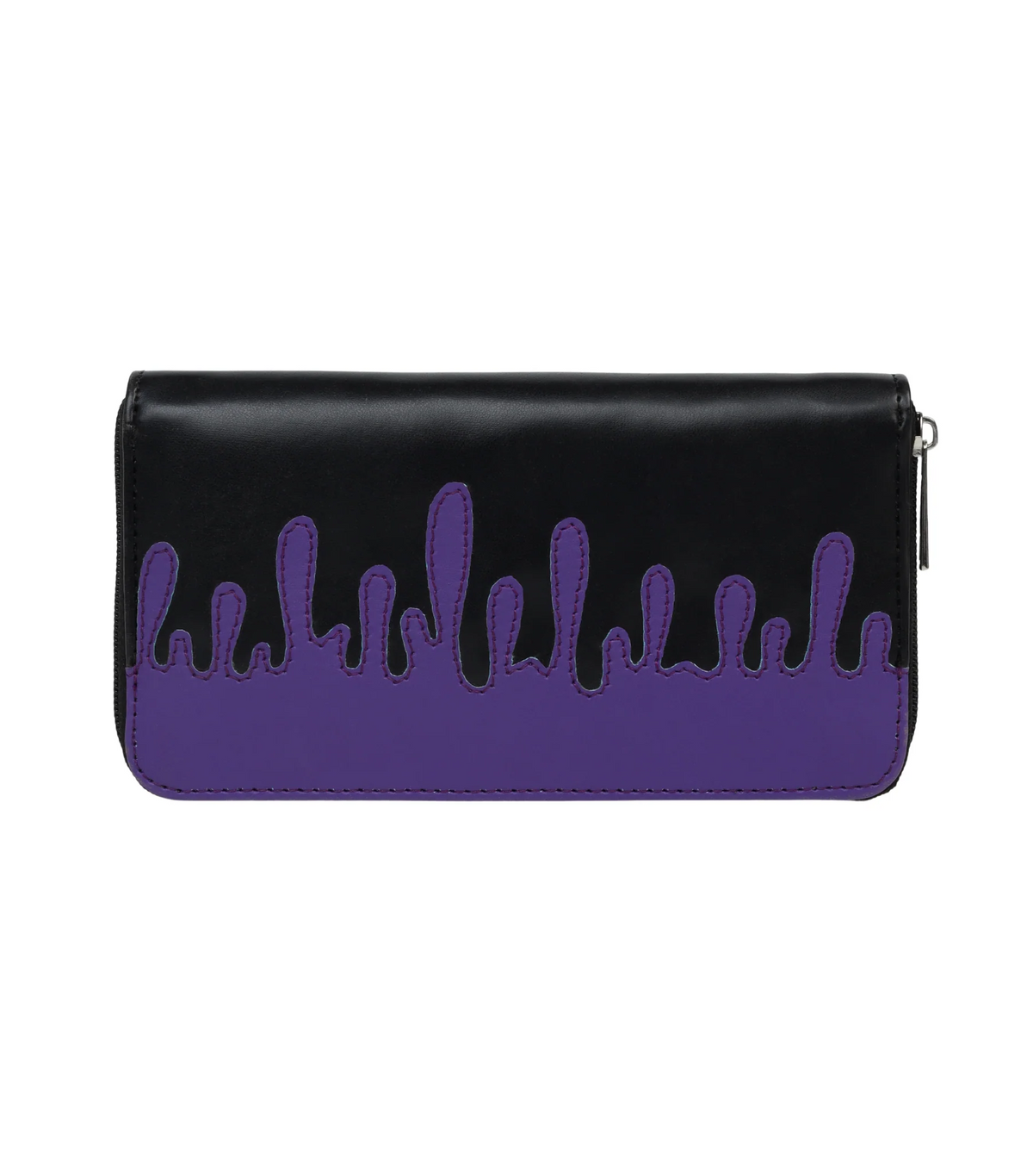 A black and purple zip-around clutch wallet with a glossy black finish on the top half and a purple finish on the bottom half, featuring a dripping paint design in purple on the front.