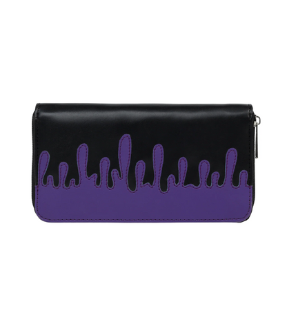 A black and purple zip-around clutch wallet with a glossy black finish on the top half and a purple finish on the bottom half, featuring a dripping paint design in purple on the front.