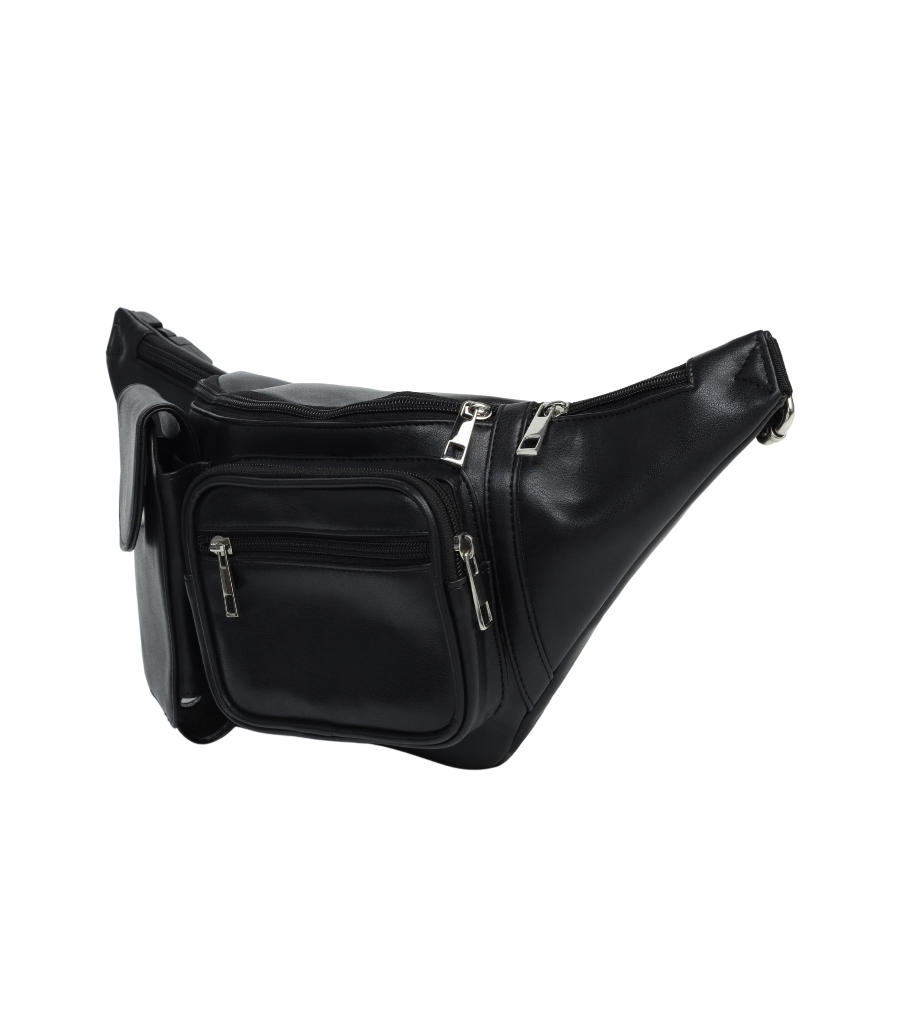 Black leather waist bag with multiple zippers on a white background