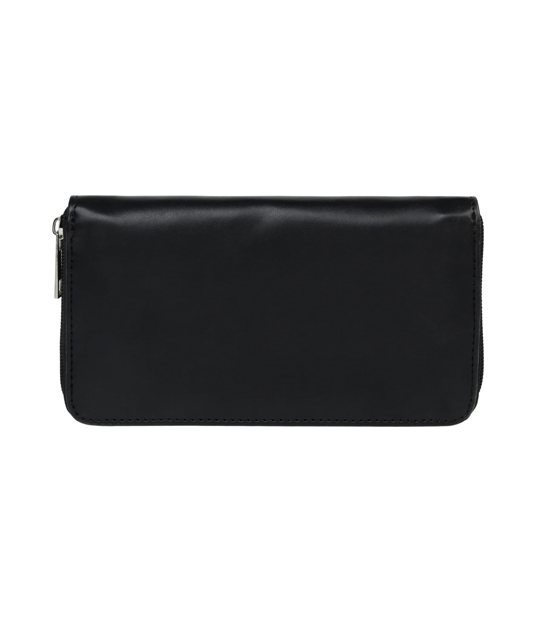 A black faux-leather zip-around wallet with silver-tone metal zipper pulls, shown from the front on a solid white background.