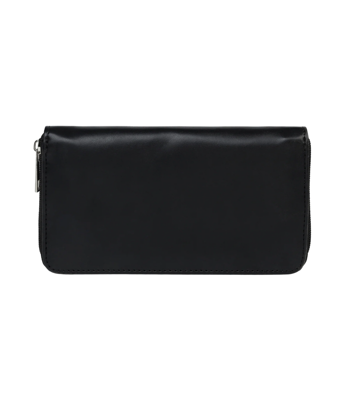 A black faux-leather zip-around wallet with silver-tone metal zipper pulls, shown from the front on a solid white background.