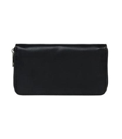 A black faux-leather zip-around wallet with silver-tone metal zipper pulls, shown from the front on a solid white background.