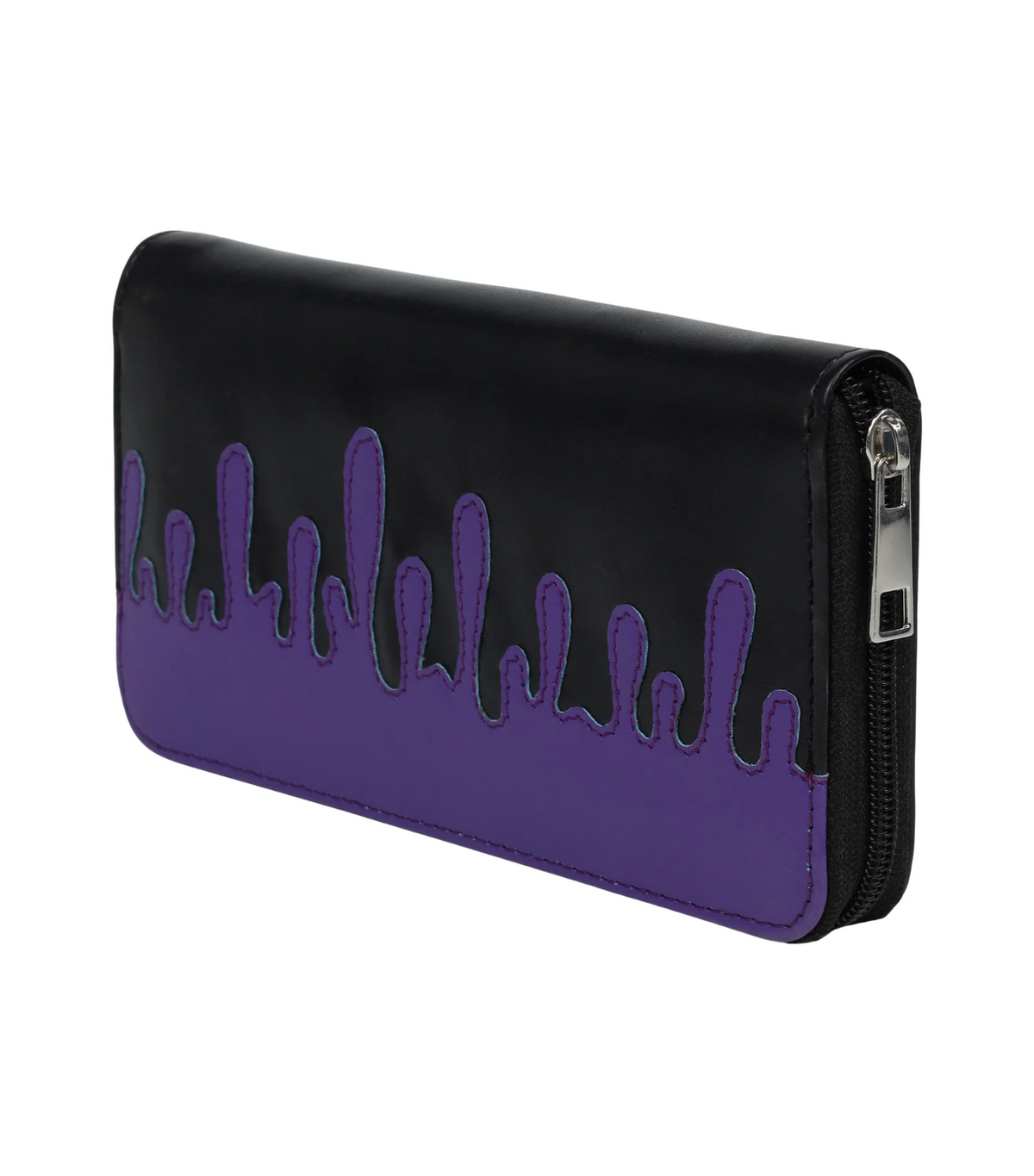 black faux leather clutch with purple drip detailing against a white background.