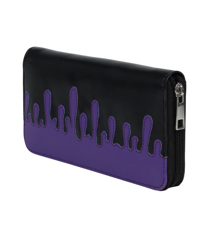 black faux leather clutch with purple drip detailing against a white background.