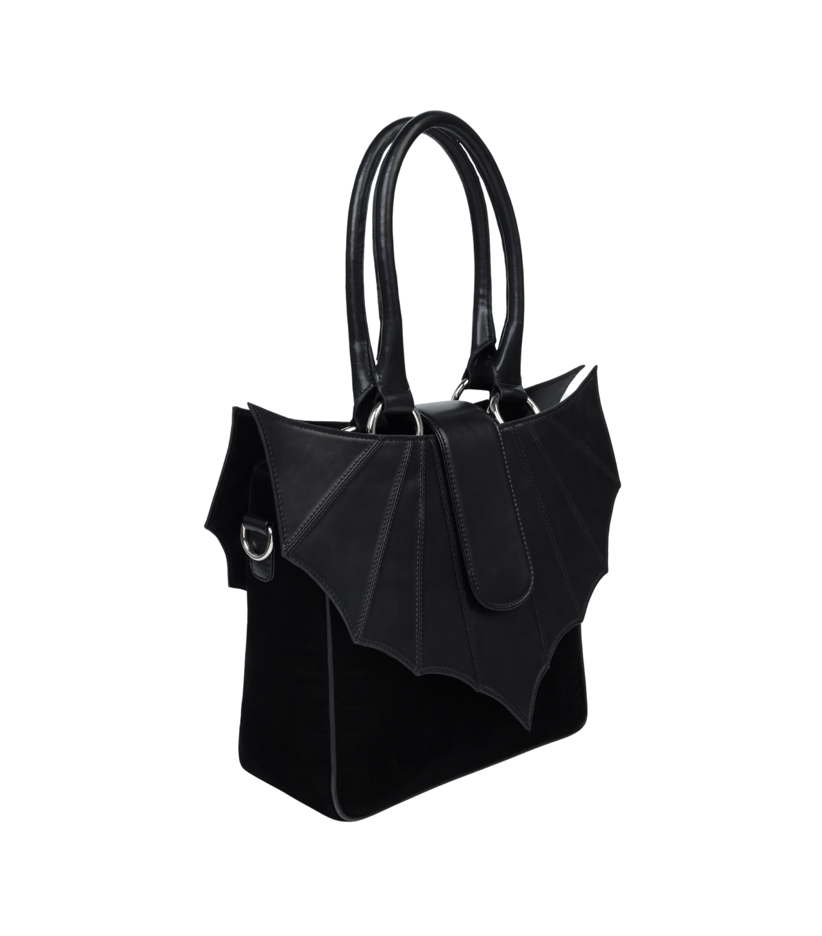 Black handbag with bat wings on a white background