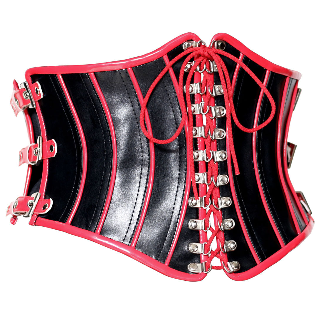 Red and Black Gothic Underbust Corset - Faux Leather Waist Cincher with Front Lacing and Side Buckles