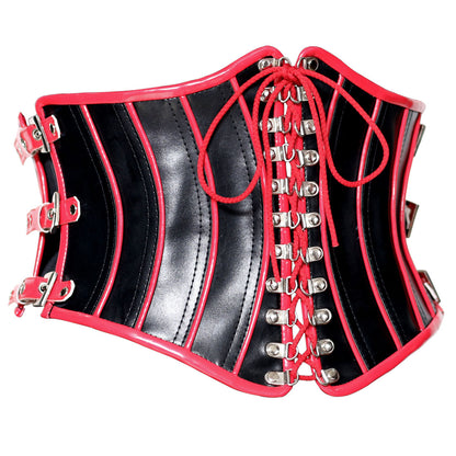 Red and Black Gothic Underbust Corset - Faux Leather Waist Cincher with Front Lacing and Side Buckles