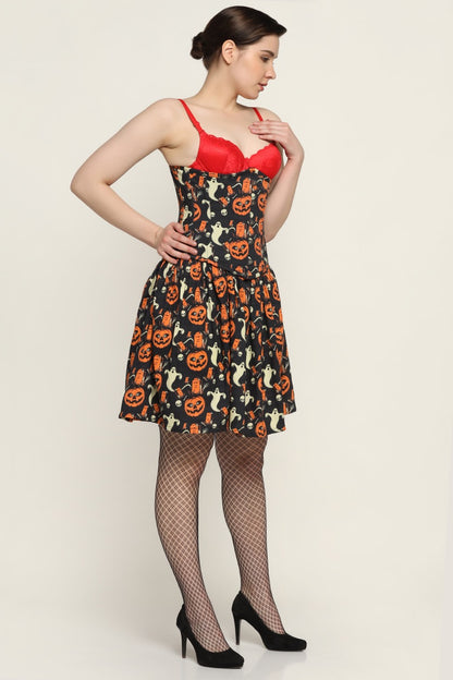 Pumpkin printed Waist Reducing Underbust Corset Dress