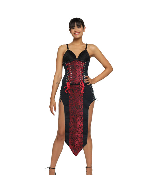 Red Brocade Black Suede Waist Reducing Underbust Corset Dress
