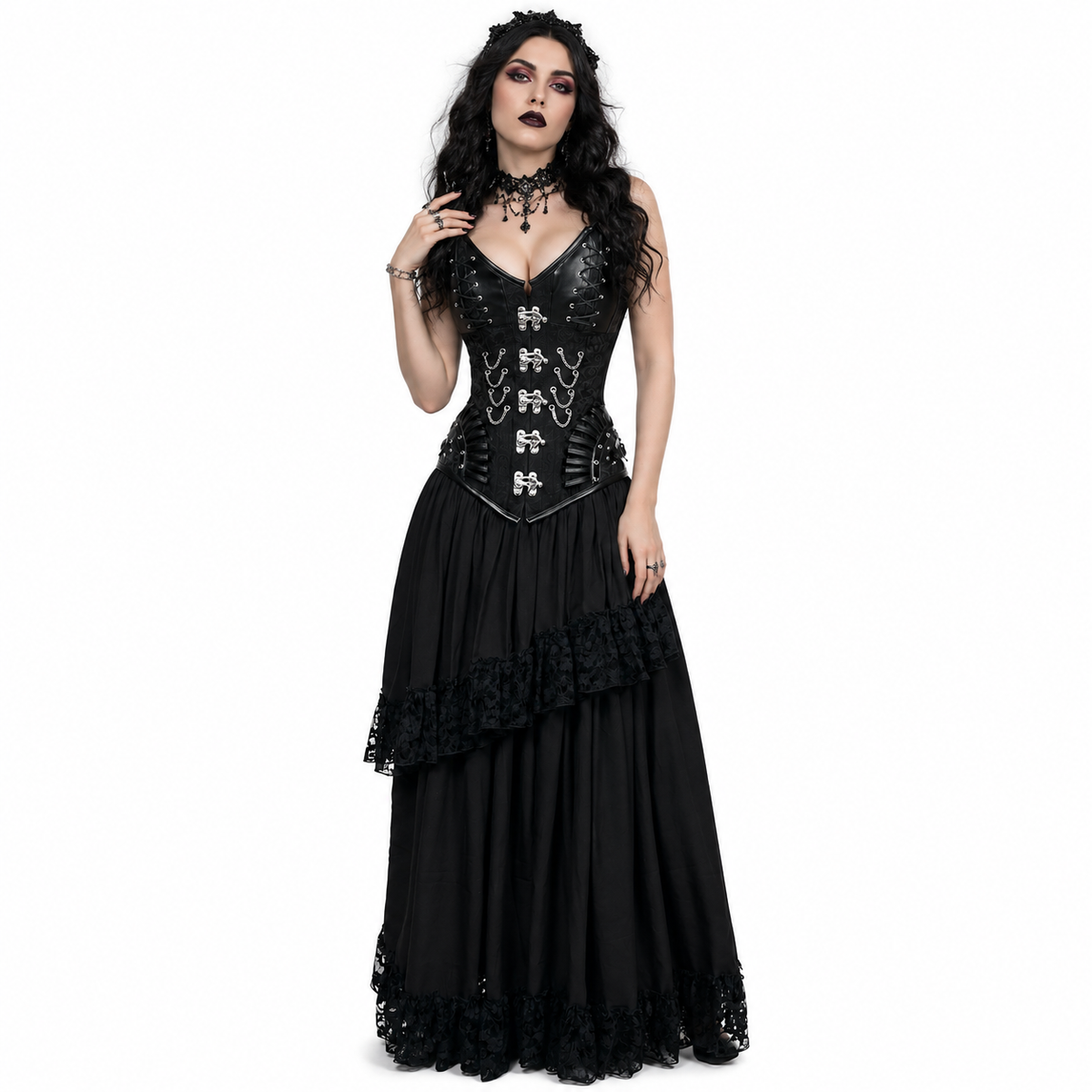 Black brocade Steampunk overbust corset with faux leather details and long Gothic dress