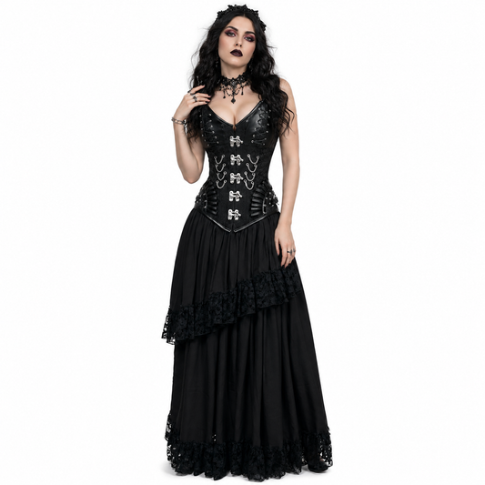 Black brocade Steampunk overbust corset with faux leather details and long Gothic dress