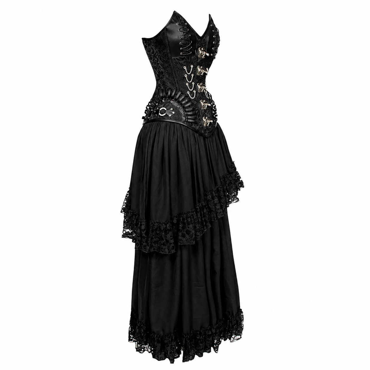 A black gothic-style long dress with a structured corset bodice, sheer mesh panels, decorative gold-toned hardware, and layered ruffled tulle skirt with lace trim, shown on a plain white background.