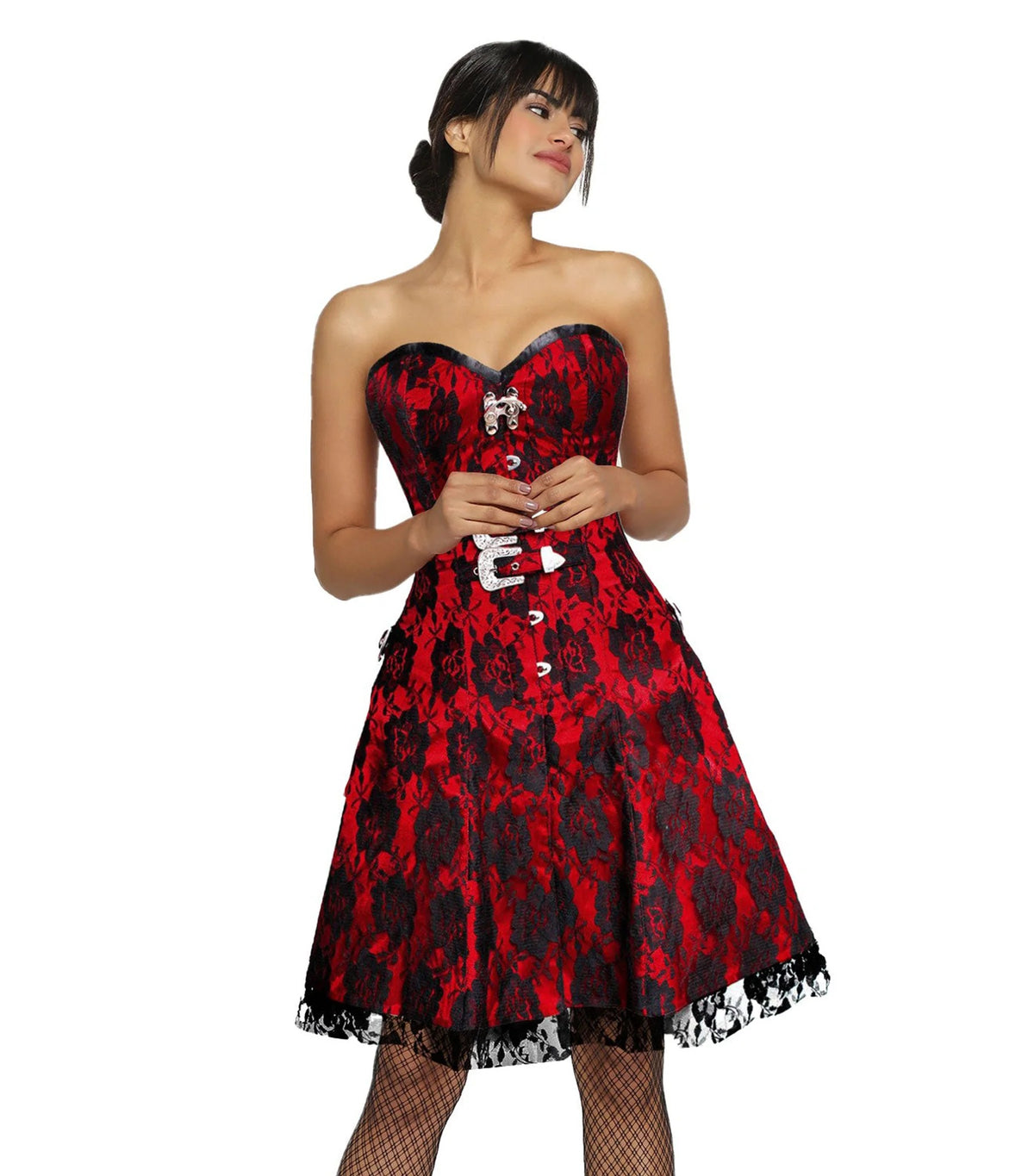 Woman wearing a red and black floral  corset dress on a white background