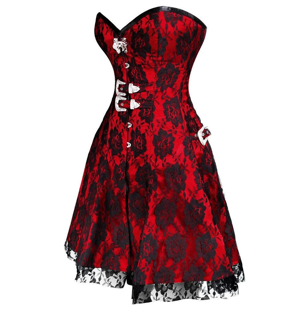 Crimson Rose Gothic Lace Corset Dress with Buckle Detail