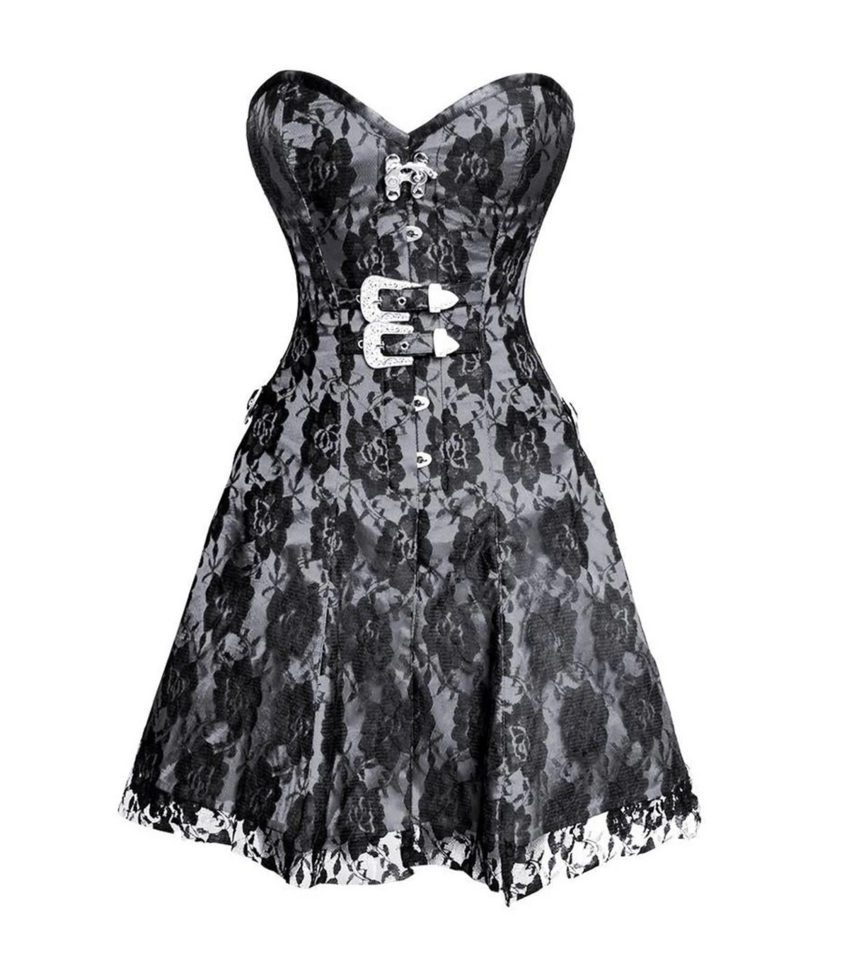 Black lace dress with silver buttons on a white background