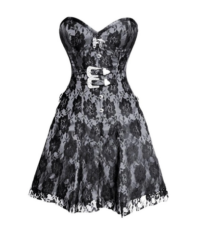Black lace dress with silver buttons on a white background