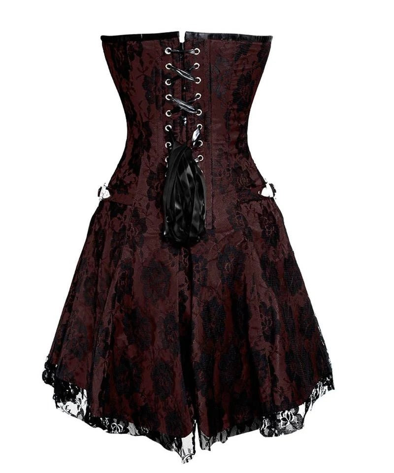 Chocolate Brown Floral Lace Steel-Boned Corset Dress