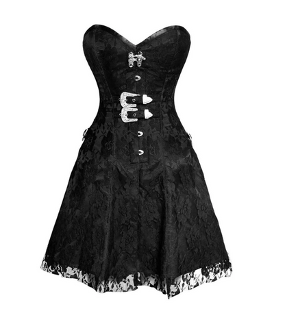 Black corset dress with decorative elements on a white background