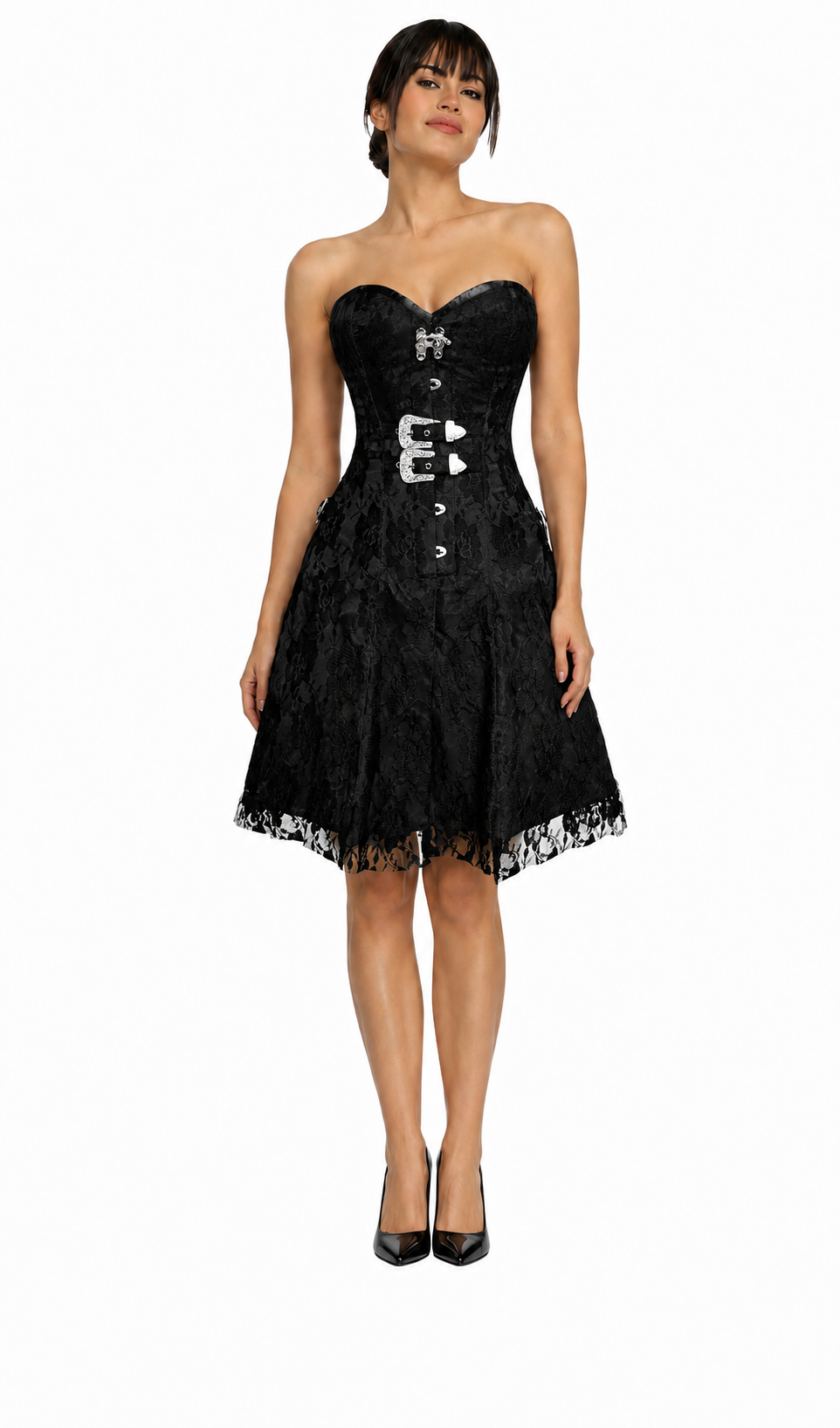 Nocturne Black Floral Lace Steel-Boned Corset Dress