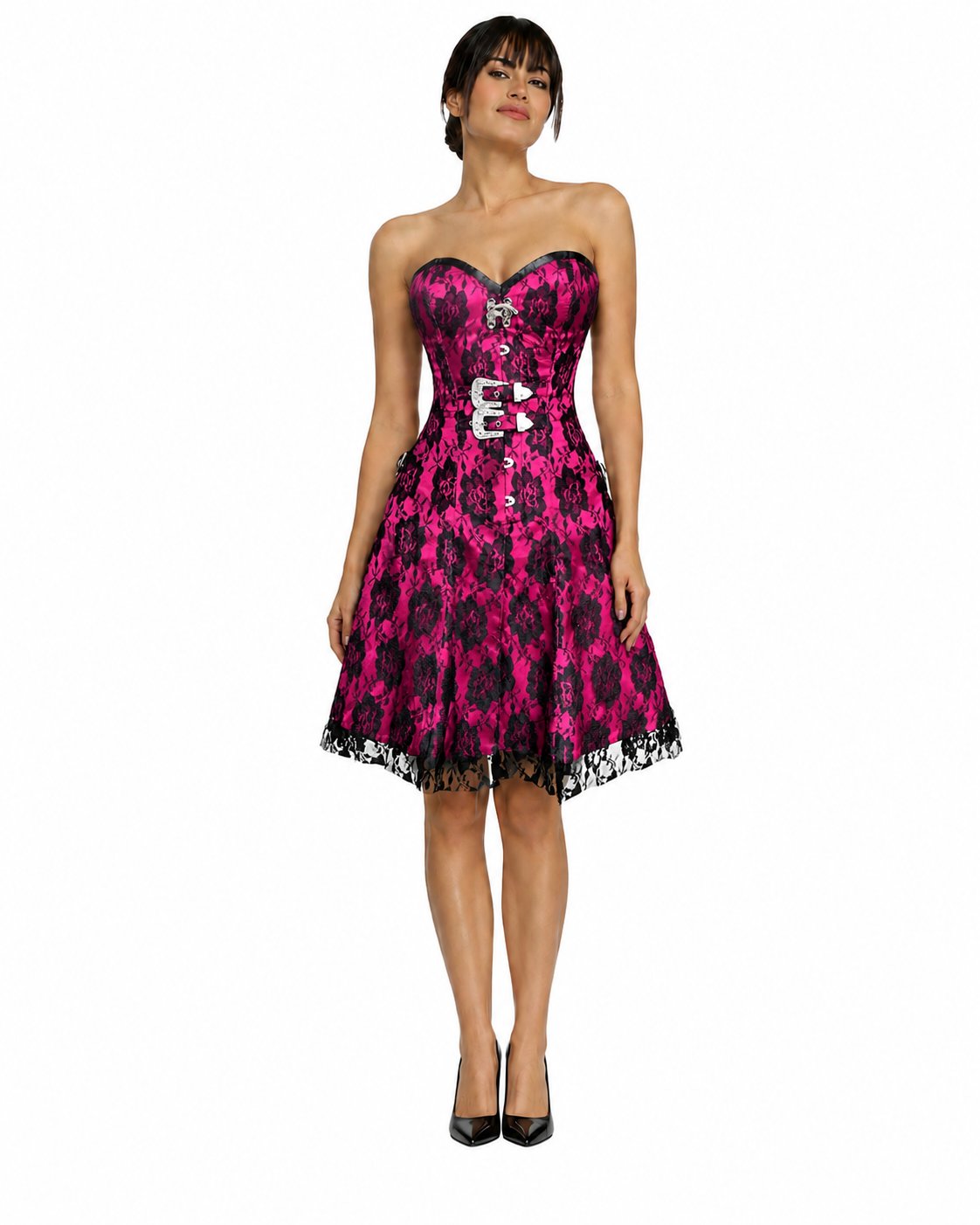 Fuchsia Pink Floral Lace Strapless Corset Dress