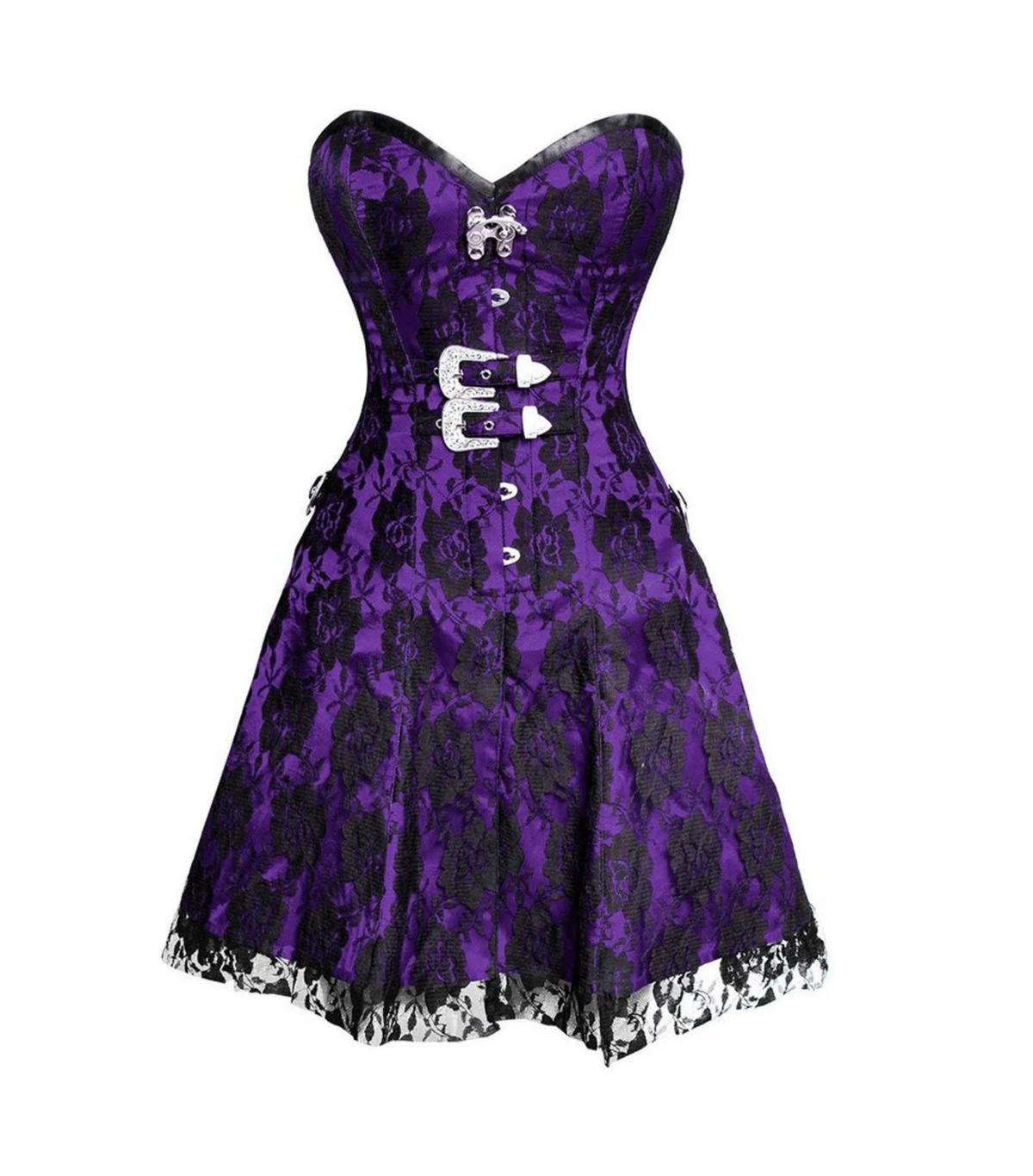Purple and black patterned corset dress on a white background