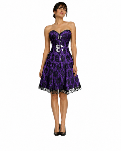 Purple Noir Floral Lace Corset Dress with Buckle Detail