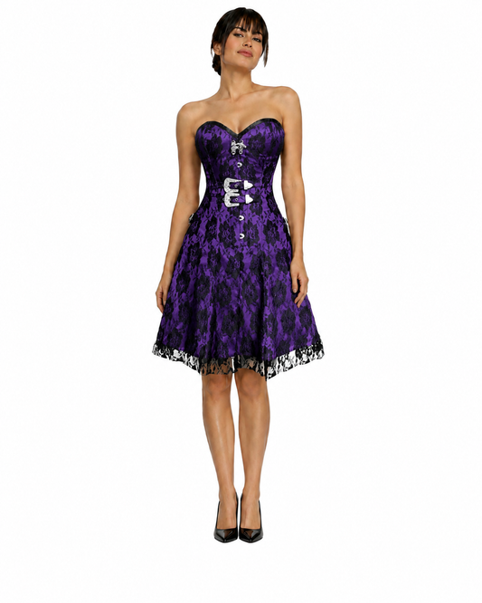 Purple Noir Floral Lace Corset Dress with Buckle Detail