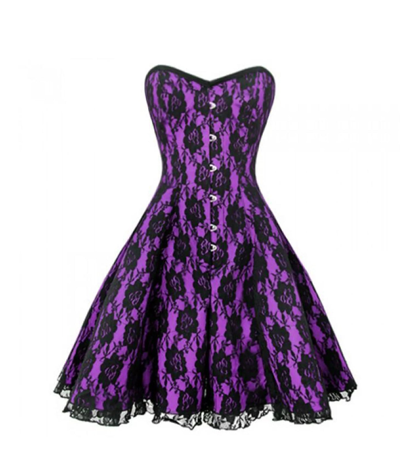 A purple and black lace corset-style dress with a sweetheart neckline, fitted bodice, button front, and flared skirt, shown on a plain white background.