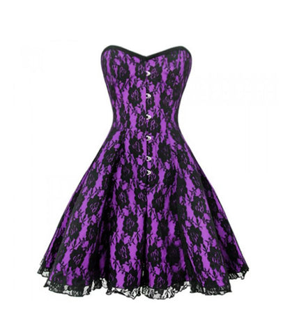 A purple and black lace corset-style dress with a sweetheart neckline, fitted bodice, button front, and flared skirt, shown on a plain white background.