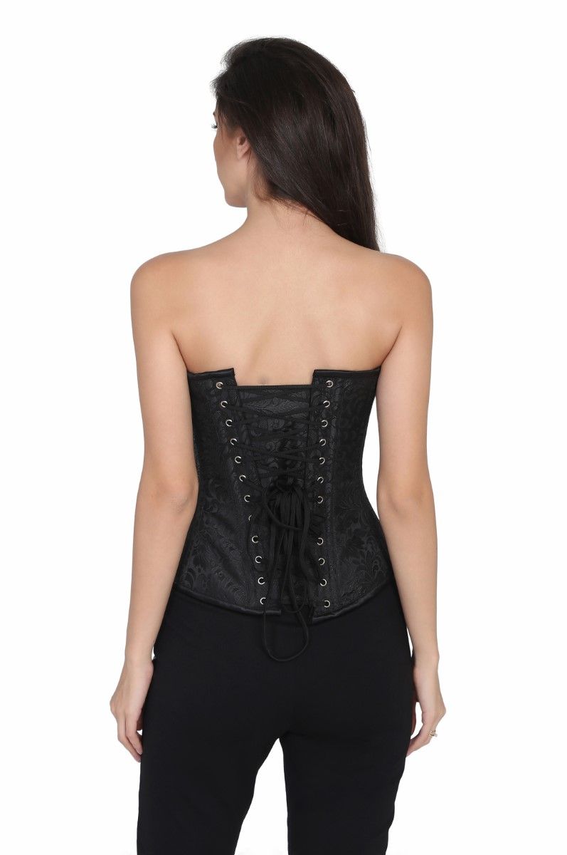 Black brocade steel boned corset with front zipper