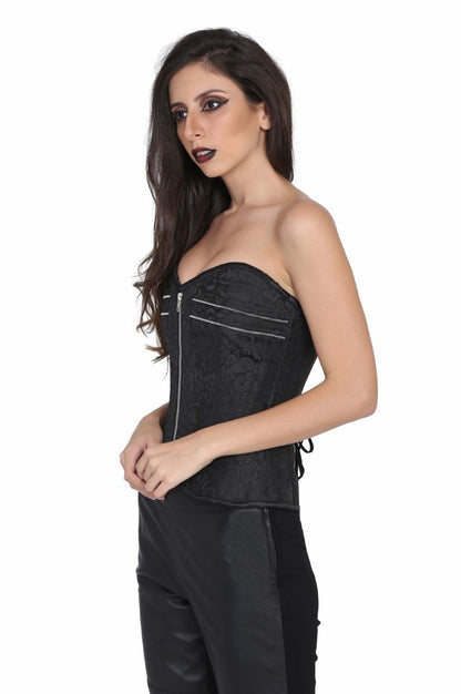 Black brocade steel boned corset with front zipper