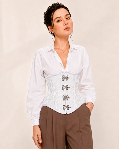 White Floral Brocade Bridal Underbust Corset with Antique Clasps