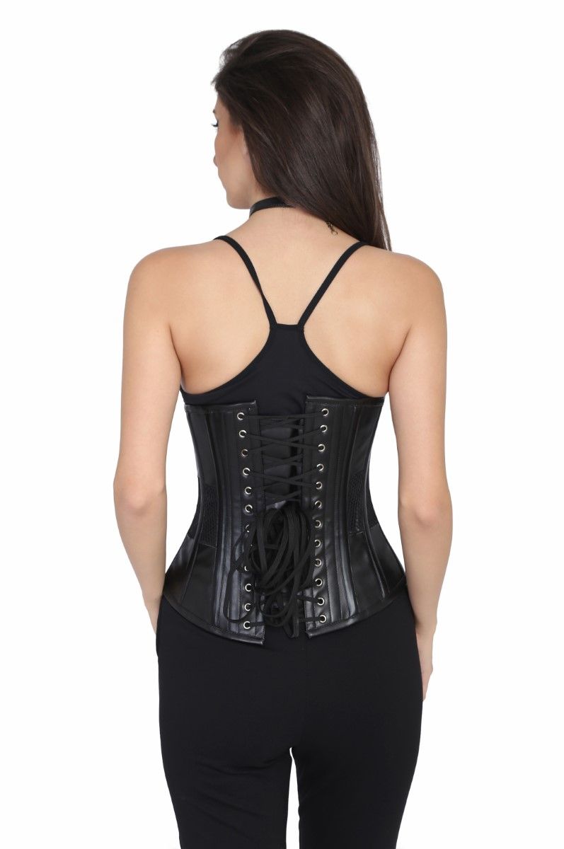 Black Leather Steel Boned Underbust Corset