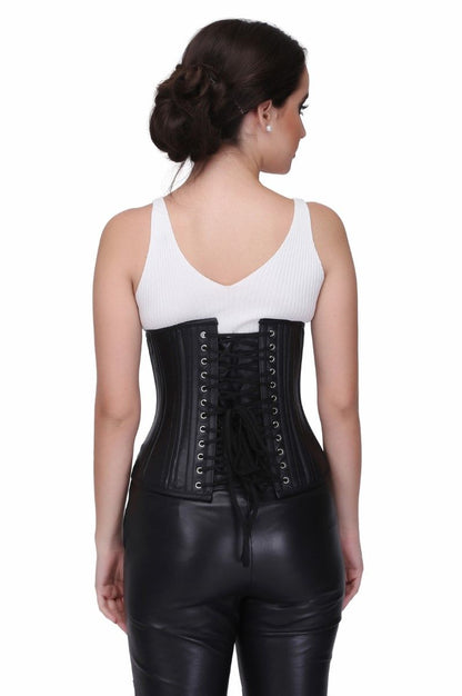 Black Steel Boned Waist Training Genuine leather Underbust Corset