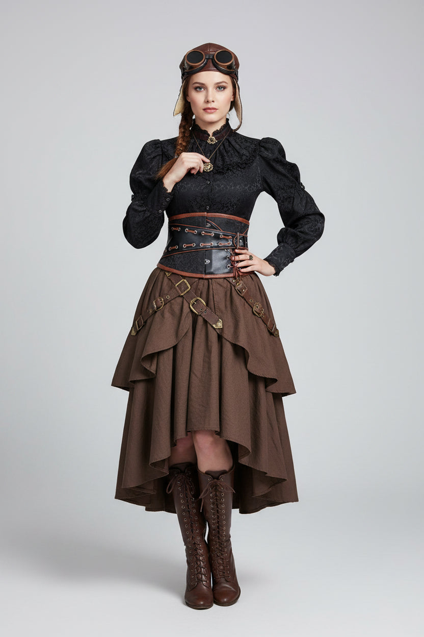  Steampunk Brown and Black Corset Belt - Faux Leather Renaissance Waist Cincher Belt with Buckle