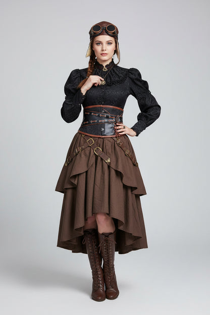  Steampunk Brown and Black Corset Belt - Faux Leather Renaissance Waist Cincher Belt with Buckle