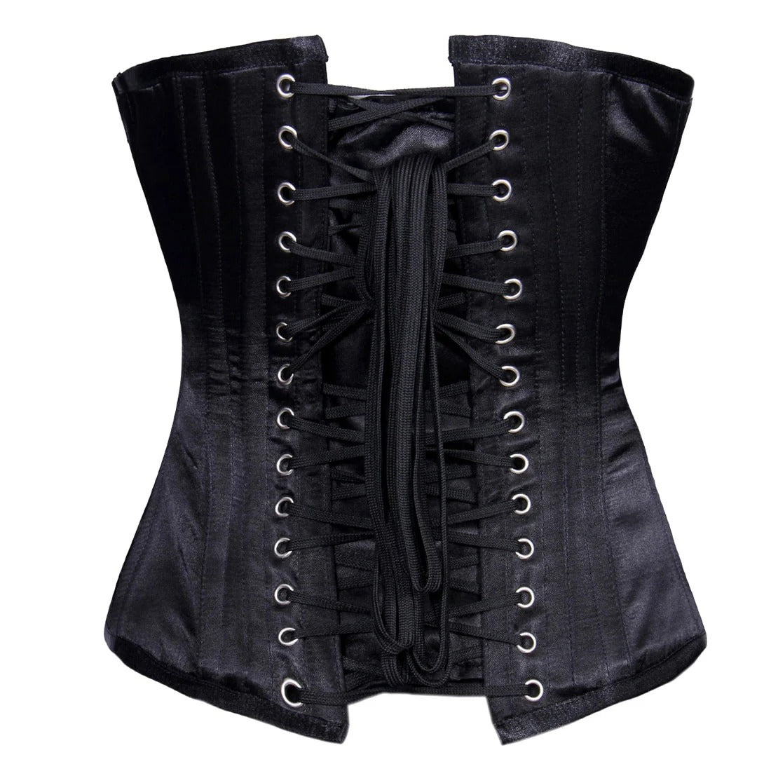 A black satin corset with a structured waist and front lacing system, shown against a plain white background.