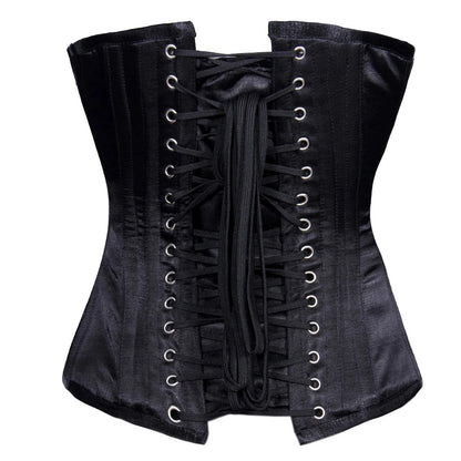 A black satin corset with a structured waist and front lacing system, shown against a plain white background.