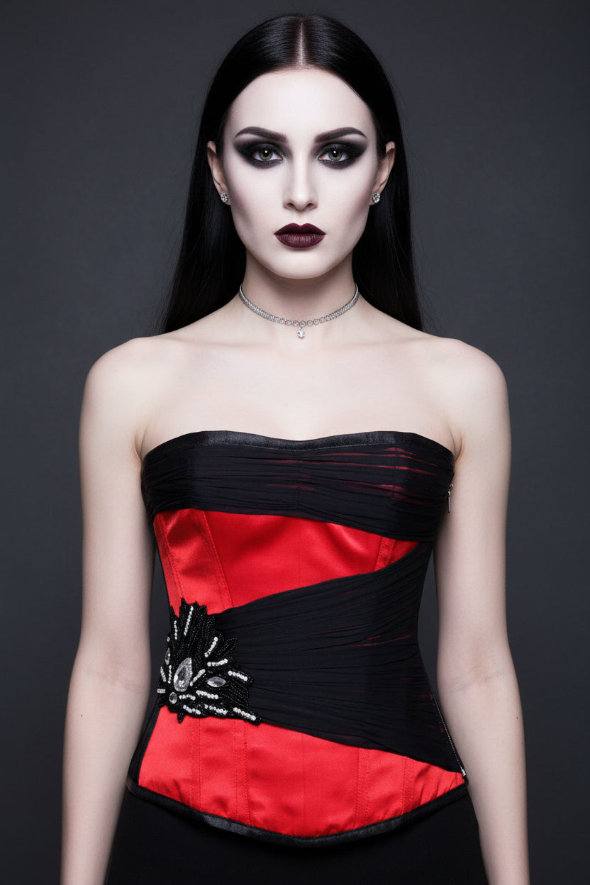 A red satin over bust corset with black lace detailing and a central embellishment.