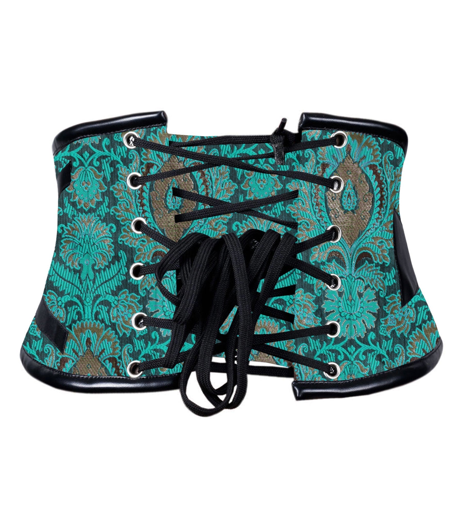 A waist trainer corset with a teal and brown paisley pattern, black laces, and black trim, shown against a plain white background. Aetheria Teal Brocade Steampunk Waspie Corset with C-Lock & Leather Straps