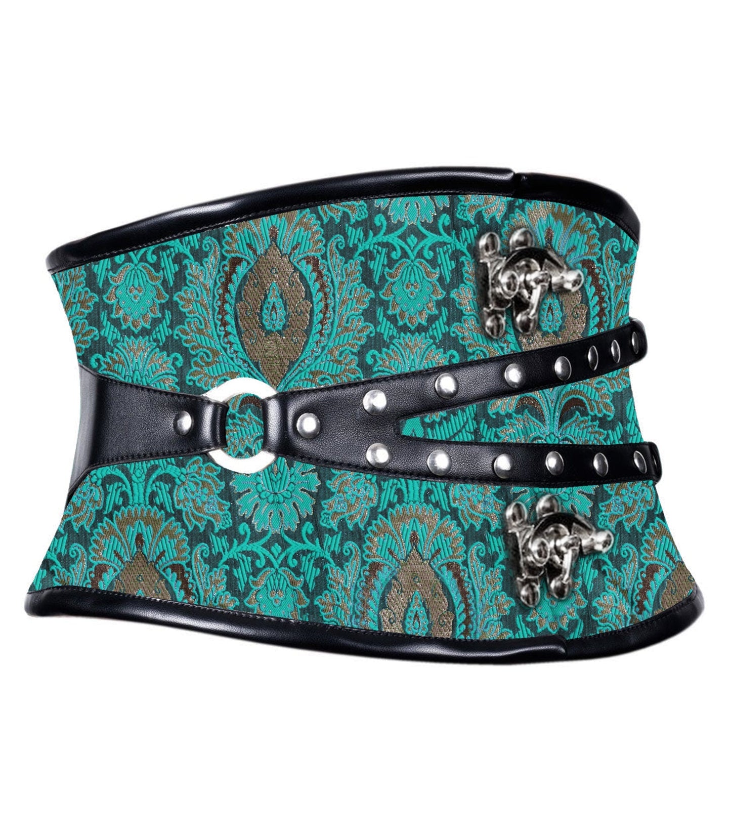 A gothic-style waist trainer belt featuring a teal and black damask pattern, black faux-leather straps, silver studs, and silver horsebit hardware.