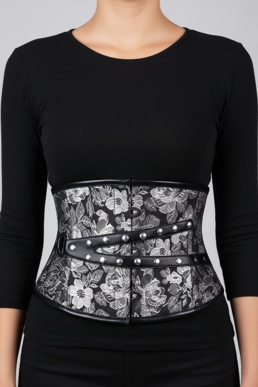 A black waist trainer corset belt with a black and white floral lace overlay and silver metal studs, worn by a model in a black long-sleeve top.