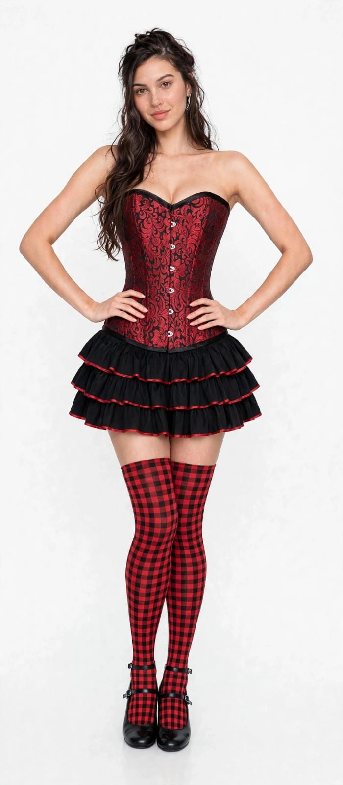 Red and black floral brocade overbust corset with a sweetheart neckline, black edging and front metal busk on a white background.