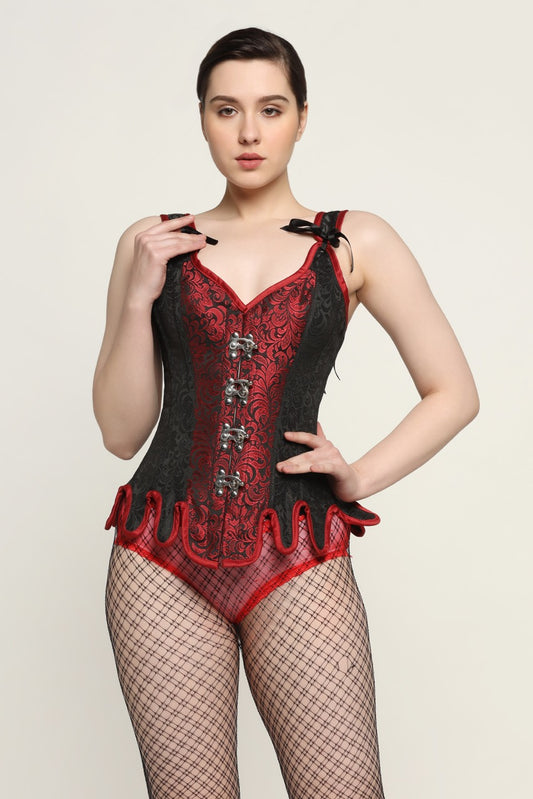 Red/Black Brocade Renaissance Corset - Scoop Neck Fairy Corset Top, Vintage Lace-Up Bustier, and Pirate Costume Vest for Women