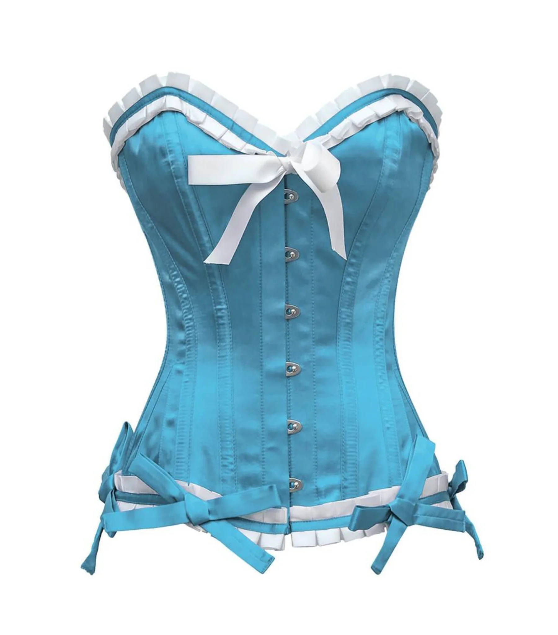 Front view of the Elara aqua-blue satin overbust corset with a white ruffled sweetheart neckline, bow and metal busk.