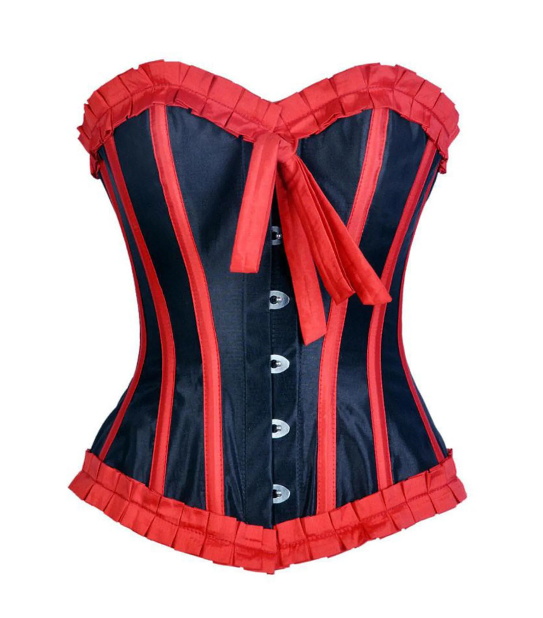 Red and black corset with ruffled details on a white background