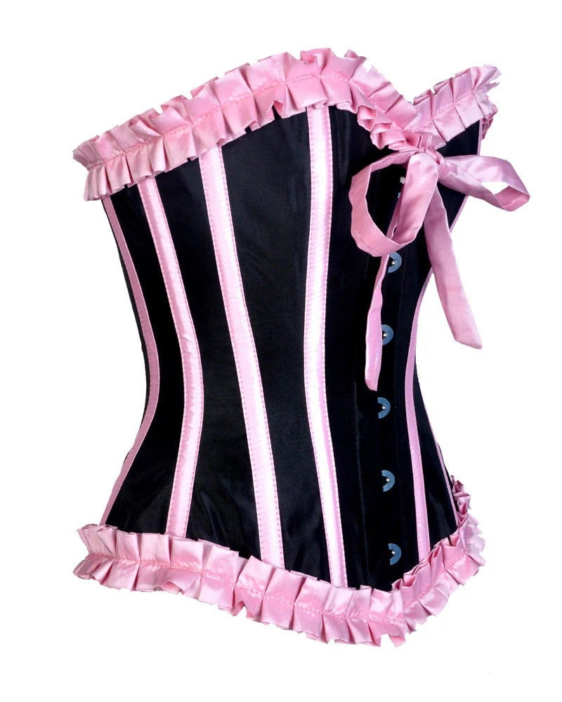 Black corset with pink ruffles and ribbons on a white background