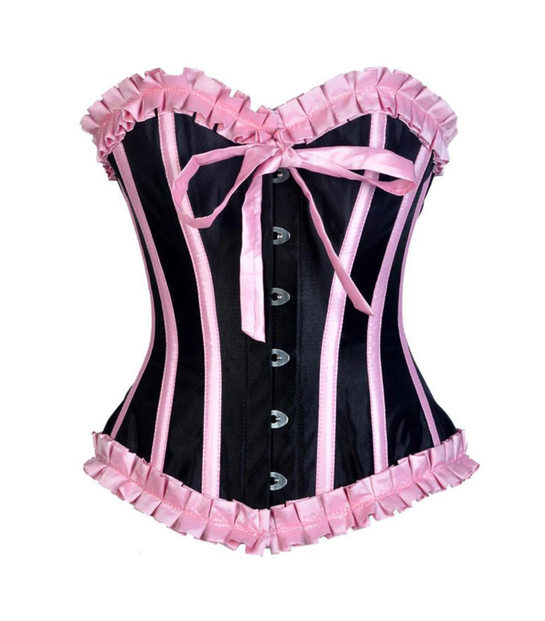 Black corset with pink ribbons and ruffles on a white background